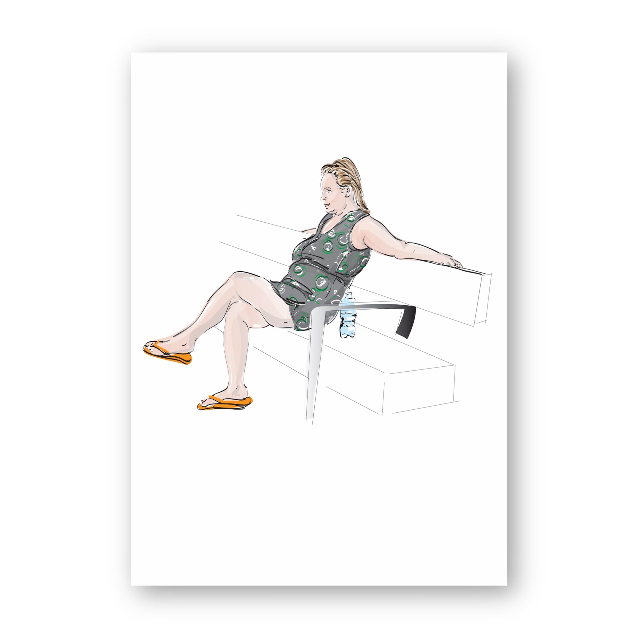 העירוניים - עם הגב לים - אשה יושבת על ספסל ולצידה בקבוק מים - ILANIT SHAMIA | HOME